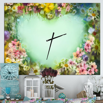 Fleurs rétro avec forme de cœur - horloge murale moderne