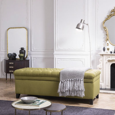 Repose-pieds en tissu bleu clair avec pieds en bouleau, assise 50 po et rangement caché