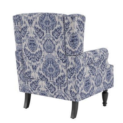 Duward Damask Navy Floral Upholstered Wingback Accent Chair with Nailhead Trim