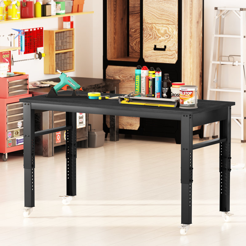 Alveston 47.24'' W Manufactured Wood Top Height-Adjustable Workbench with Wheels, Black