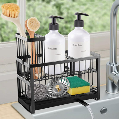 Porte-éponge pour organisateur d'évier de cuisine, porte-brosse à vaisselle à 2 niveaux, porte-ustensiles en acier inoxydable avec support, noir