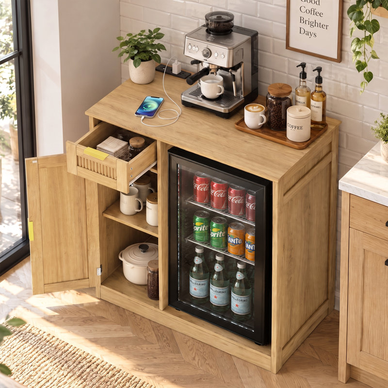 Meuble de mini-réfrigérateur de 84 cm de large avec prise électrique, buffet cannelé avec tiroirs, naturel, Bois naturel