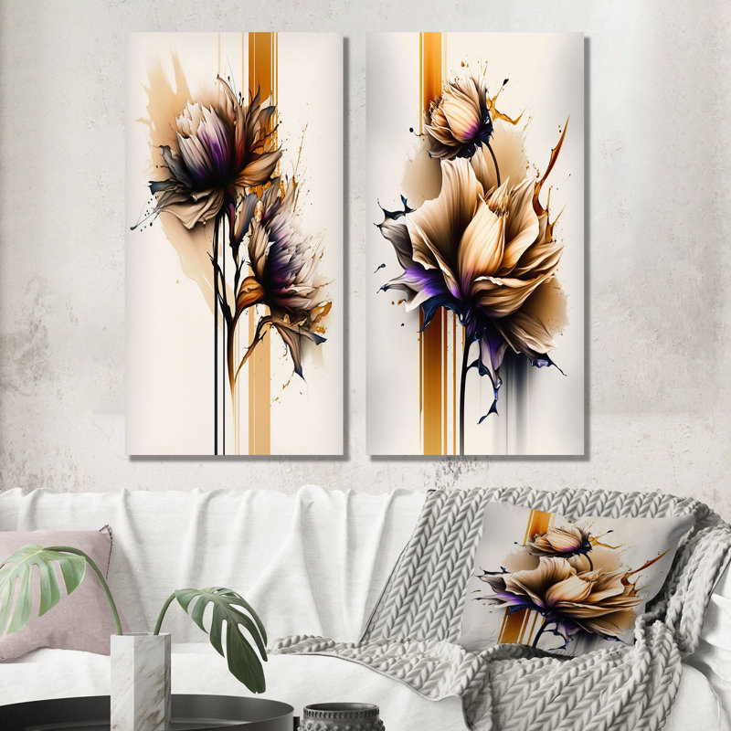 «Orange Dahlia Flower On Abstract Fusion III», 2 pièces sur toile, Toile tendue, H 40 po x l 40 po
