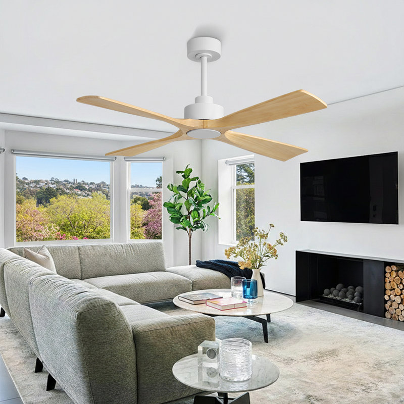 48 In. 4 Solidwood Walnut Blades Dc Motor Indoor Standard Ceiling Fan With Remote Downrod, White, Natural Wood