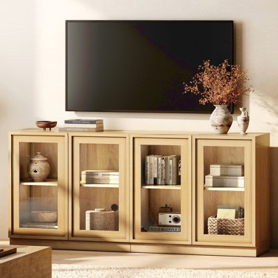 Modern TV Stand for TVs Up to 70", 2-in-1 Entertainment Center TV Console with 4 Glass Doors and Adjustable Shelf, Wooden Media Console Cabinet for Living Room, Bedroom