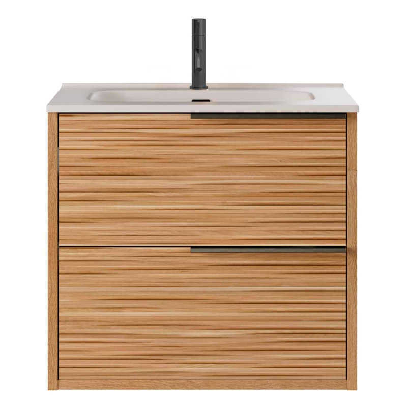 Kora 24" Bamboo Faux Finish Wall-Mounted Single Bathroom Vanity with Integrated Ceramic Top & Handles, Black