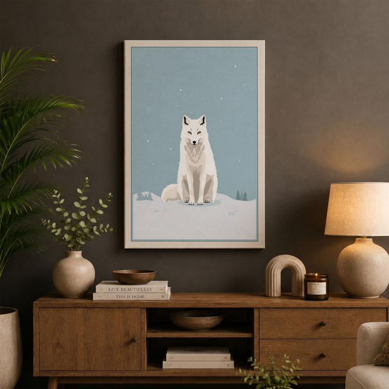 Arctic Fox in Snow Minimalist - Wrapped Canvas, 36x24 - 91.4 x 61.0 cm, White Border
