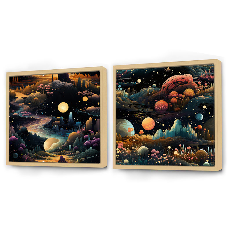 Fenouil - Ensemble de 2 collage de paysages abstraits carrés, H 30 po x l 61 po, Cadre flottant brun