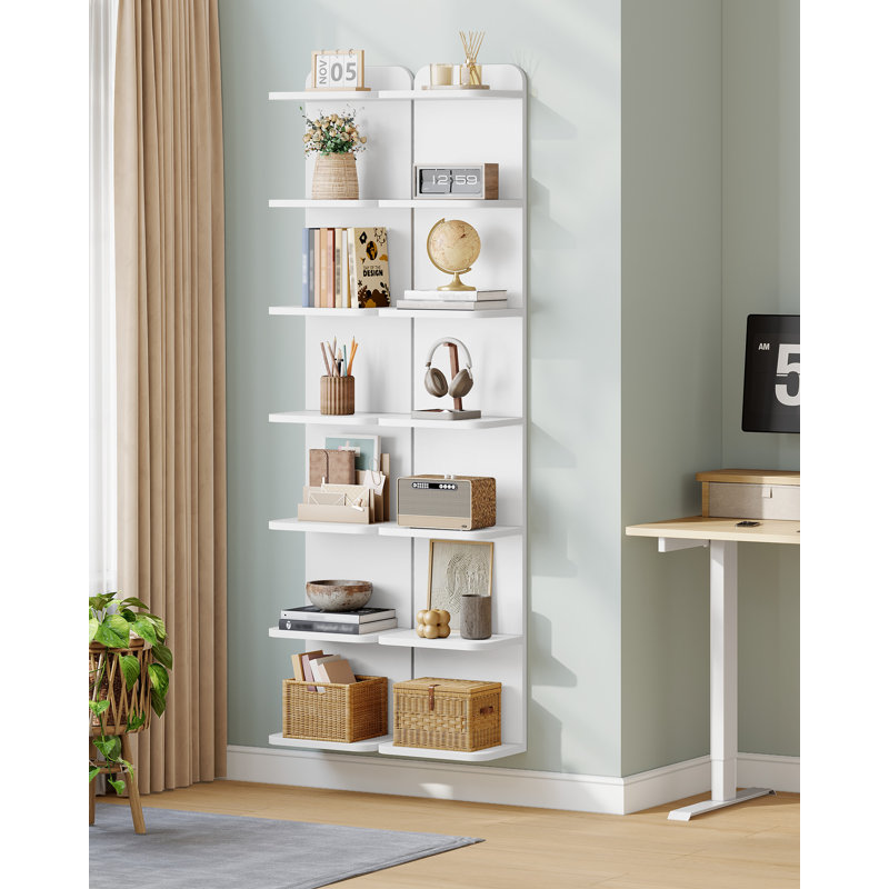 7 Tier Bookcase, Floating Bookshelf for Wall Mounted, Tall Narrow Bookcase, Vertical Bookshelf for Living Room, Office, Study, Entryway, White 