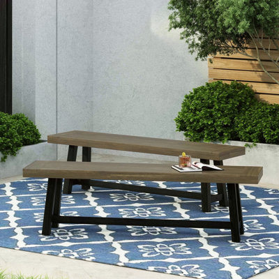 Banc d'extérieur en acacia, finition gris sablé et noir, ensemble de 2
