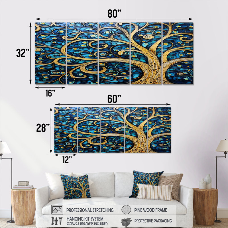 «Whirling Art Nouveau Tree Teal Blue Sky», art mural arbre 5 pièces, H 32 po x l 80 po