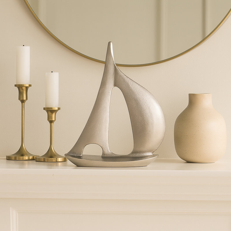 Modern Decorative Metal Sailboat Sculpture For Decoratins For Living Room - Nautical Decorative Objects And Figurine Statues For Home Decor Accent - 18", Silver