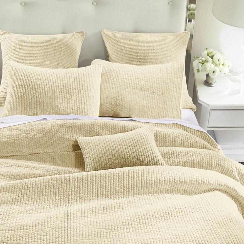 Stonewashed Cotton Velvet Modern Rustic Quilt Set, King Quilt  + 2 King Shams, Light Tan
