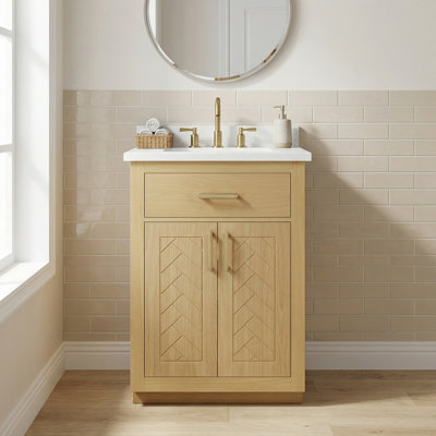 24" Bathroom Vanity With Artificial Marble Top, Flip-Up Storage Shelf, Adjustable Interior Shelf & Soft-Close DTC Hinges – Brass Handles, 2-Door Cabinet, Black Or Oak Wood Finish
