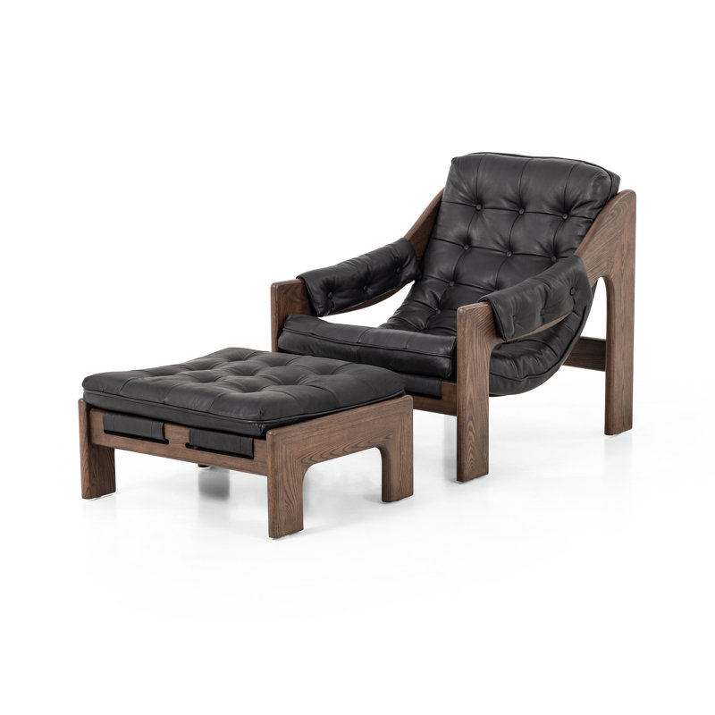 Tuckerman 30" W Leather Armchair with Ottoman, Heirloom Black