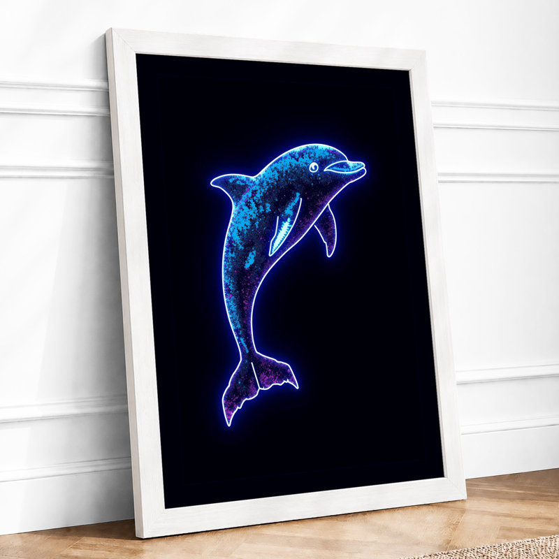 Neon Dolphin Leap Modern - Framed Print, A2 - 59.4 x 42.0 cm, White