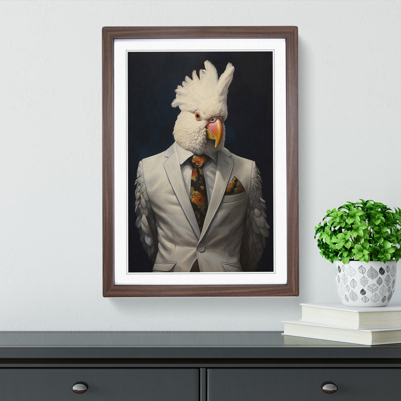 Cockatoo in a Suit Painting 1 Piece Single Picture Frame Wall Art, 46cm H x 34cm W x 2cm D, Walnut Framed