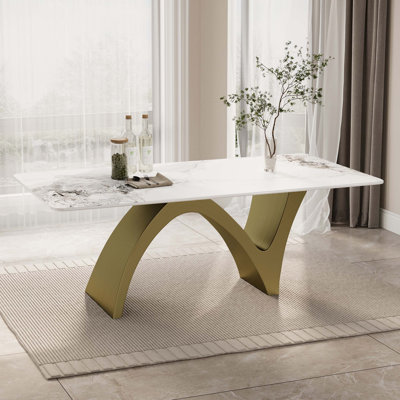 Modern Rectangular Dining Table, Glossy White Kitchen Table with Sintered Stone Table-top, N-Shaped Steel Legs
