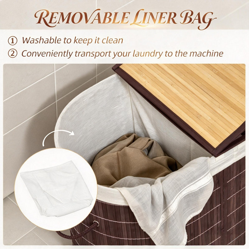 Modern Woven Bamboo Laundry Hamper, Dual Compartment Laundry Basket with Lid, Removable Fabric Liner & Side Handles for Dirty Clothes Storage