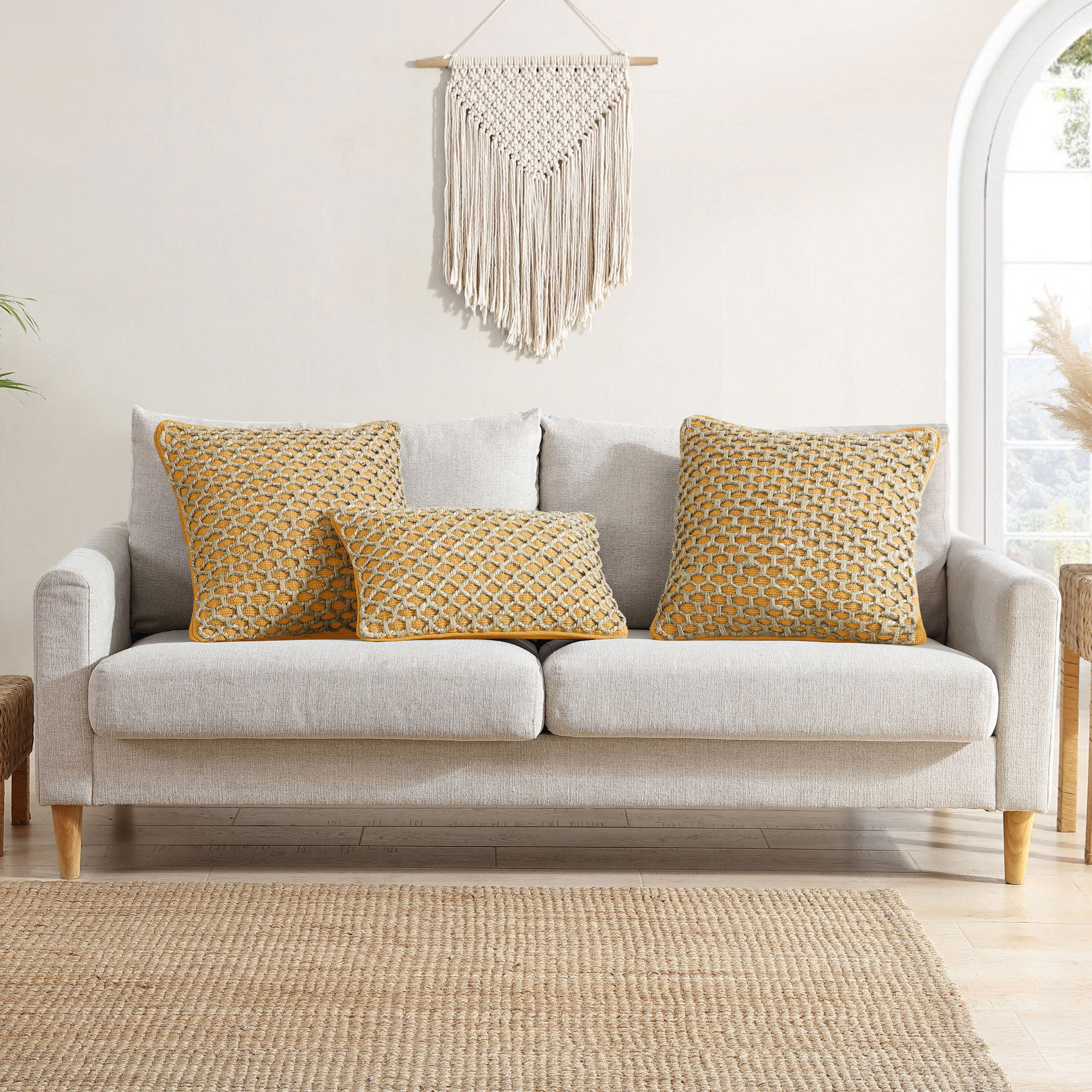 Ablo Textured Cotton Throw Pillow, Square 20", Yellow/Natural