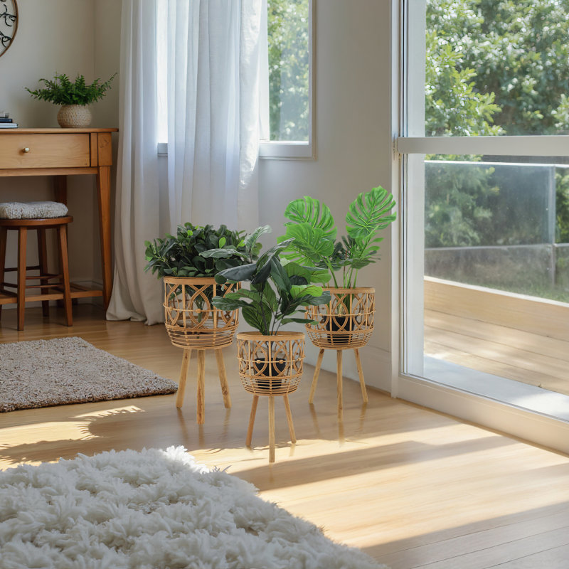 Set of 3 Wood & Bamboo Planters with Stands, Open Weave Design, 26" Tall, Brown Finish - Indoor & Outdoor Decor, Brown