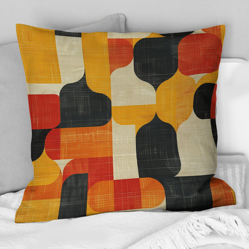 Coussin décoratif orange et noir à motif géométrique Midcentury IV, H 16 po x l 16 po