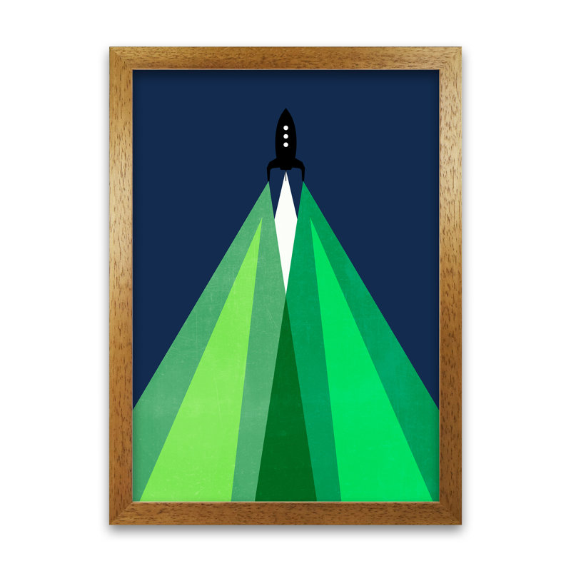 Green And Blue Kids Rocket - Print, 84cm H x 59cm W x 3cm D, Oak Frame