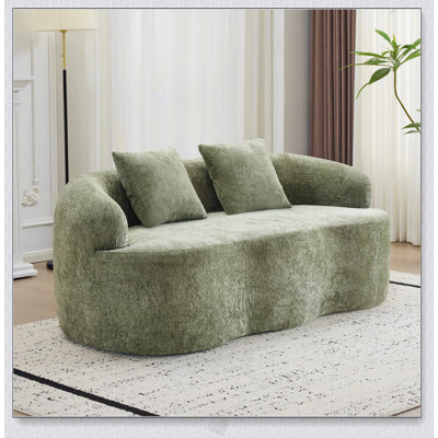Canapé courbé vert avec accoudoirs ronds, canapé à compression avec 2 coussins, crème pour petits espaces et installation facile