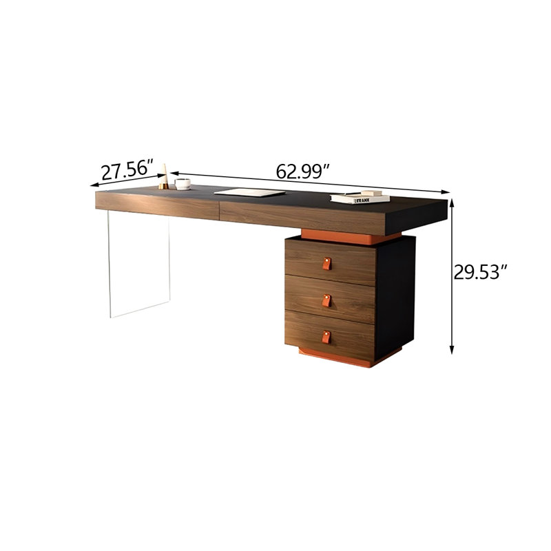 Bureau d'écriture brun en cuir brun à 3 tiroirs, H 29,53 po x l 62,99 po x P 27,56 po