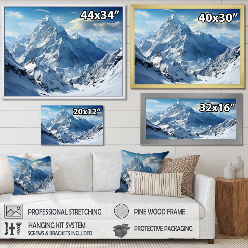 Winter Snowy Peaks II - Paysages, reproductions d'art mural, H 16 po x l 32 po x P 1 po, Cadre flottant noir