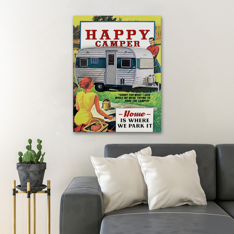 «A Family Camping - Happy Camper, Home Is Where We Park It», reproduction d'art graphique sur toile tendue 1 pièce