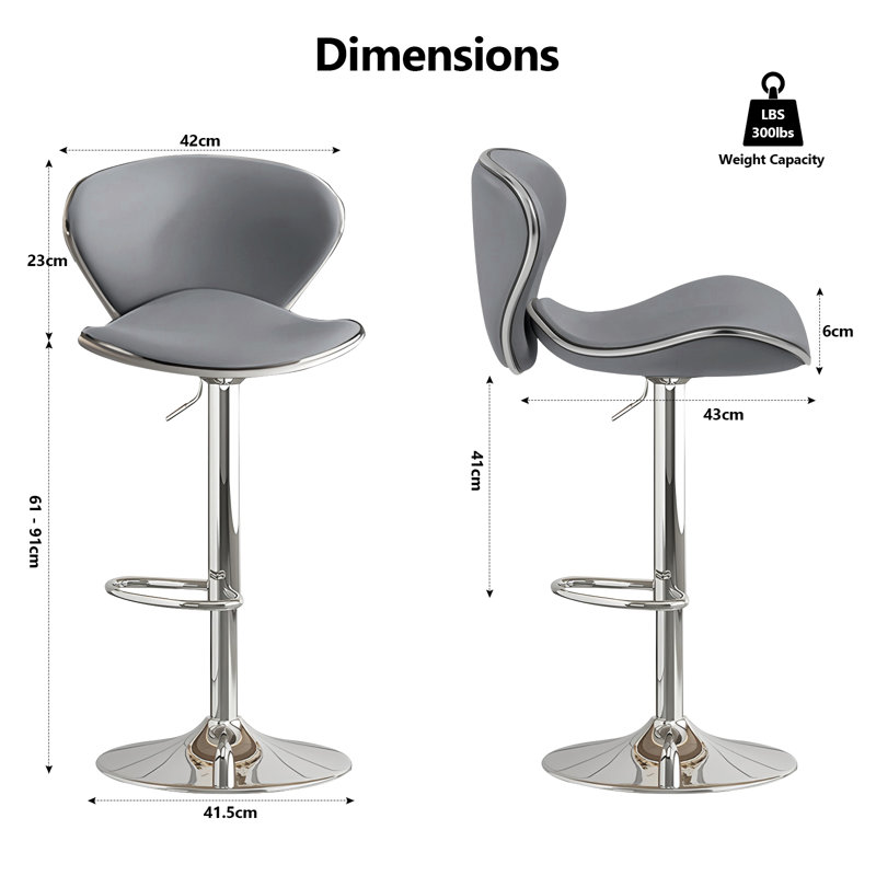 HDHNBA Set Of 2 Height Adjustable Swivel Bar Stools Waterproof PU Leather Ergonomic Backrest Footrest, Gray