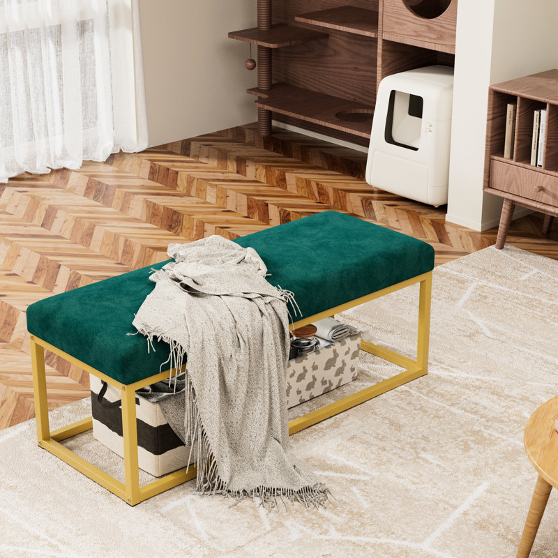 Banc de style Mid-Century avec cadre en cuir synthétique et en acier pour le vestibule, peut supporter 600 lb, siège confortable en mousse haute densité, style de rangement rapide à installer, cuir synthétique, support, charge de poids, velours doux