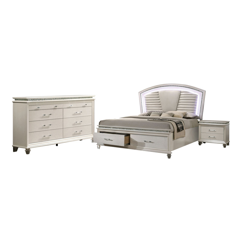 Ensemble de chambre avec lit plateforme 3 pièces Belliveau, Blanc perle, 3 Pcs: Bed, Nightstand, Dresser