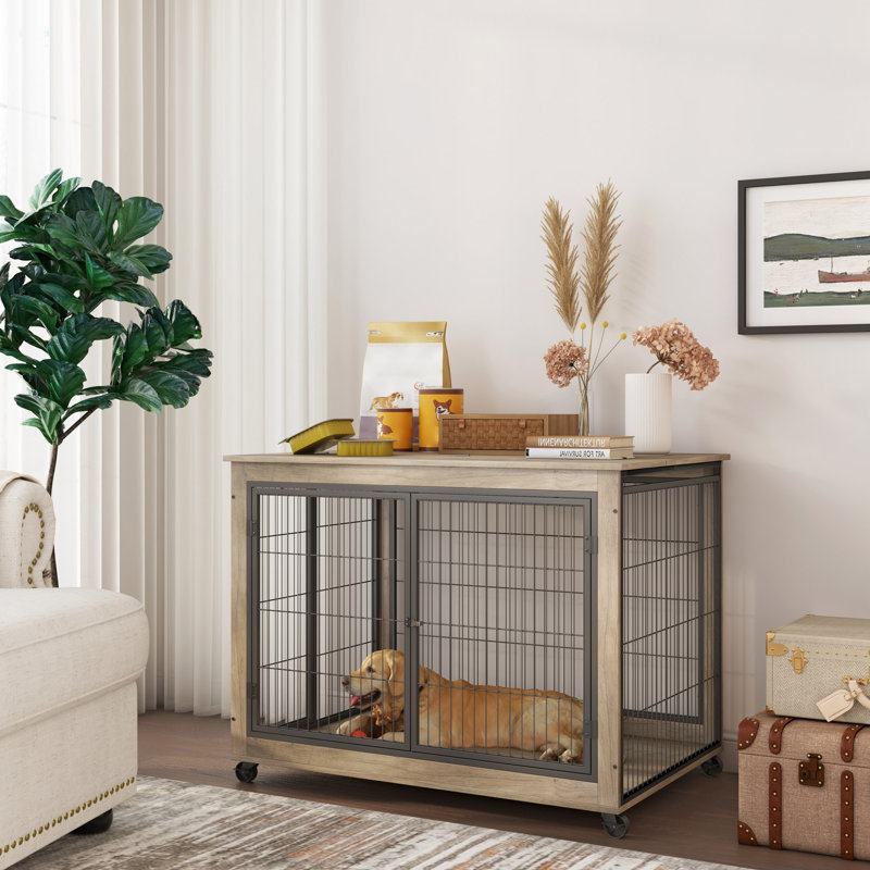 Table d'appoint à roulettes pour chien avec deux portes et un plateau relevable, H 31,02 po x l 43,62 po x P 30,13 po, Gris