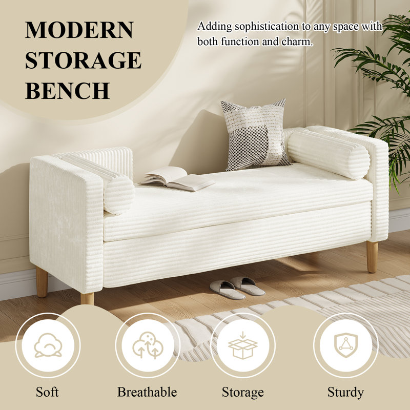 65.35" Storage Bench, Corduroy Upholstered End Of Bed Bench With Bolster Pillows, Modern Storage Bench With Natural-patterned Wooden Legs, comfy Entryway Bench For Entryway
