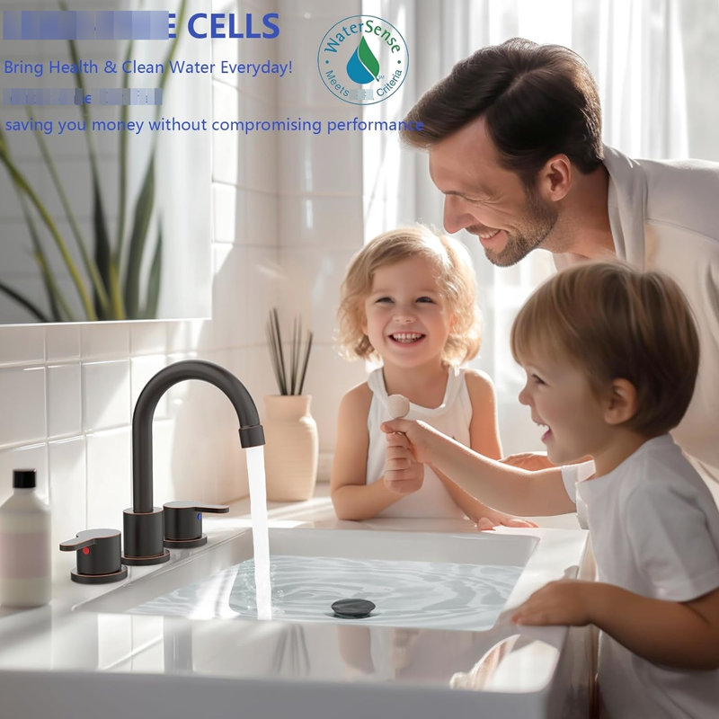 3 Hole 2 Handle Bathroom Sink Faucet In Oil Rubbed Bronze With 360 Swivel Spout, Precise Water Control And Lead Design For Laundry Rooms Public 8 Inch Swivel, Saving System Pop Up Drain