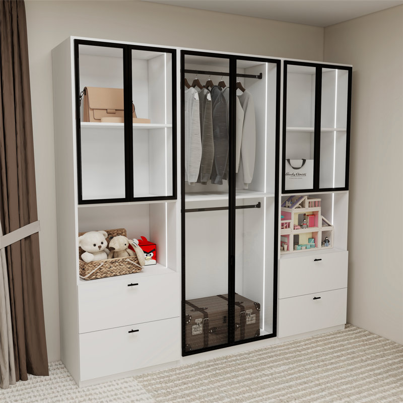 Placard garde-robe plat blanc avec éclairage DEL, portes en verre et tiroirs à fermeture en douceur - l 96 po x H 93 po x P 21 po