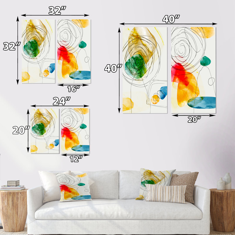 «Trendy Abstracts with Colorful Shapes V», ensemble de 2 peintures, Toile tendue, H 20 po x l 24 po x P 1 po