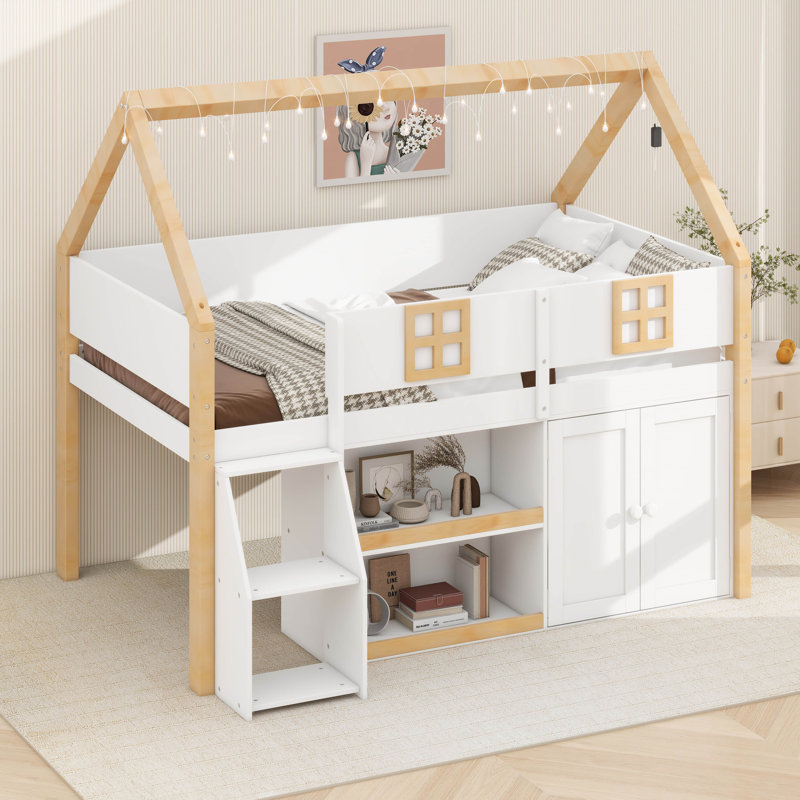 Lit mezzanine bas avec lumières DEL, lit mezzanine en bois, Lit double