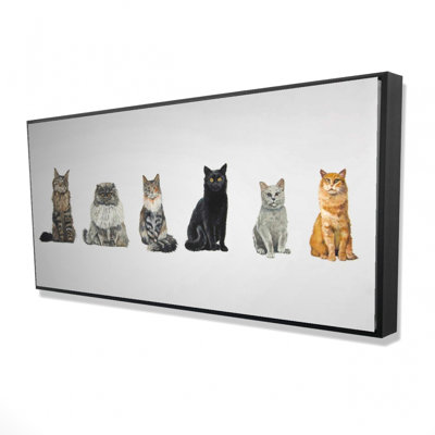 Six chats alignés - Toile encadrée 24 po x 48 po