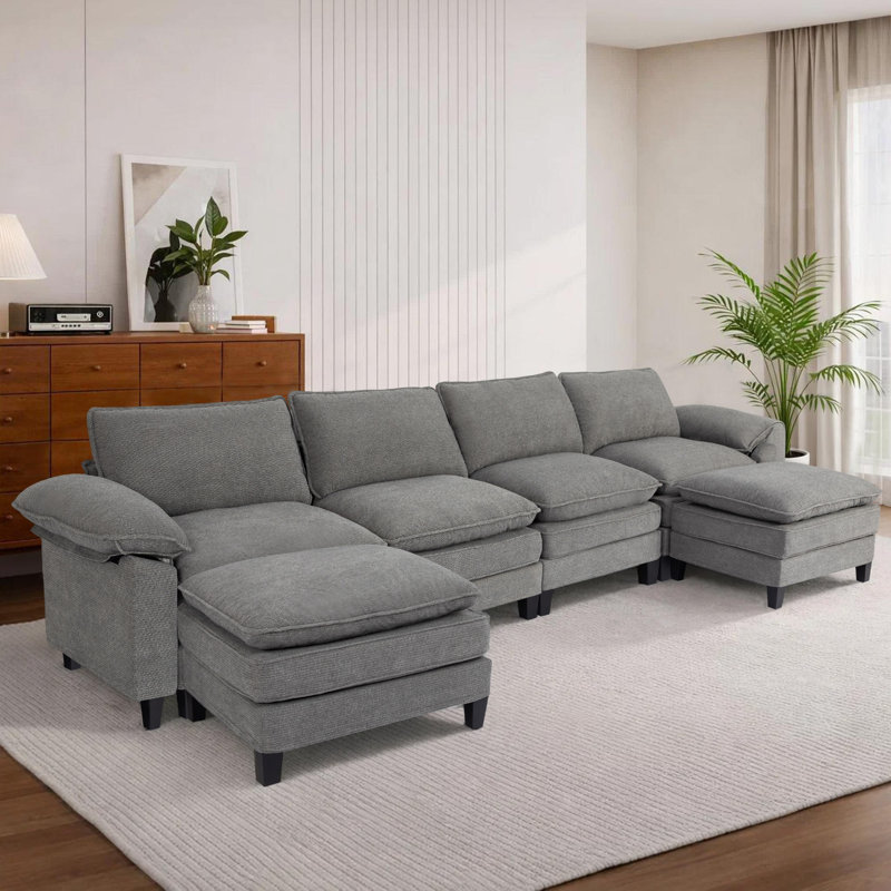 Canapé d'angle rembourré avec 2 repose-pieds, Chenille gris pâle, H 37,4 po x l 146,5 po x P 61 po