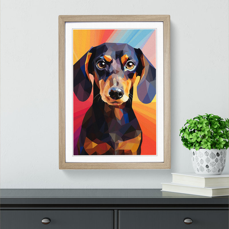 Dachshund Geometric - Framed Print, 46cm H x 34cm W, Oak Framed