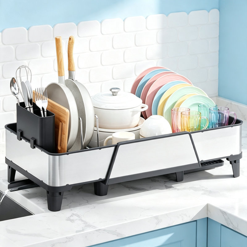 Large Expandable Dish Drying Rack, Stainless Steel with Cutlery & Cup Holders, Rustproof