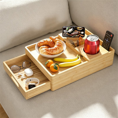 7-In-1 Anti-Spill Couch Cup Holder - Armrest Tray With Hidden Drawer, Rotating Phone Holder, And Universal Cup Station (Natural Pine Wood)