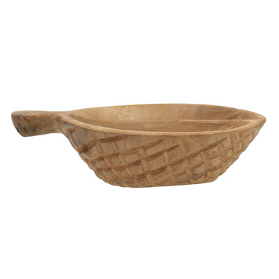 9.1X5.9X2.8" Teak Wood Decorative Bowl With Handle Natural Brown Color