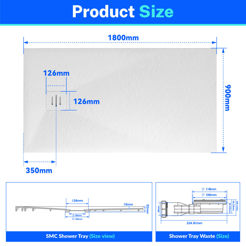 Slip-Resistance 32mm H Rectangular Black Shower Tray, 1800 x 900mm, White