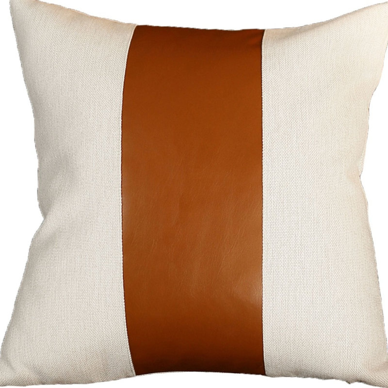 Set Of Two Faux Leather Zippered Pillow, Brown/Ivory, 18"H x 18"W, Square