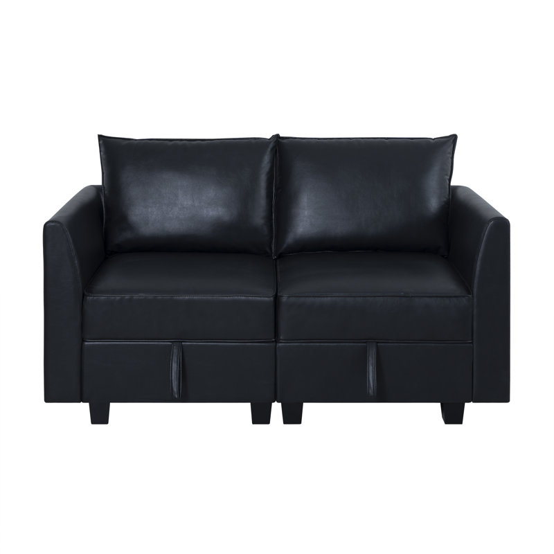 Modular Convertible Sectional Air Leather Loveseat Sofa, Black Air Leather