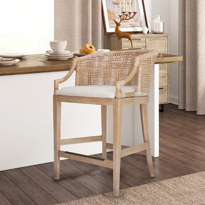23"W X 25"H Counter Stool With Solid Wood Legs And Fabric For A Seat 22.5"D 35"H Soft Linen Bronze Trim An Elegant Touch